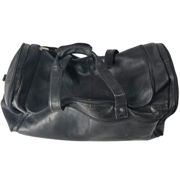 Mens Weekender Black Leather Duffle Bag Travel Gym Top Handle Multi-Pocket - Picture 1 of 6